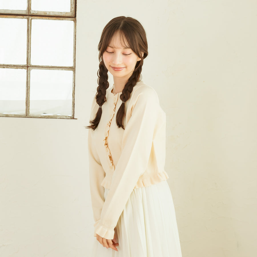ノーカラーフリルカーディガン