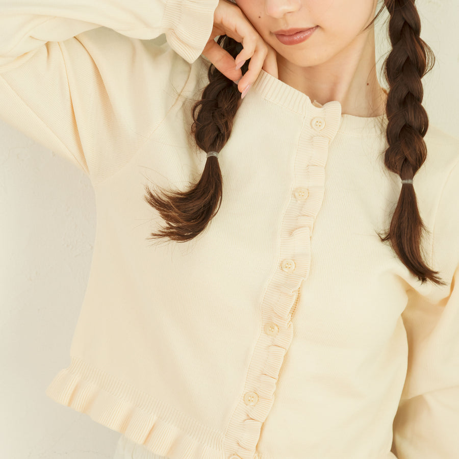ノーカラーフリルカーディガン
