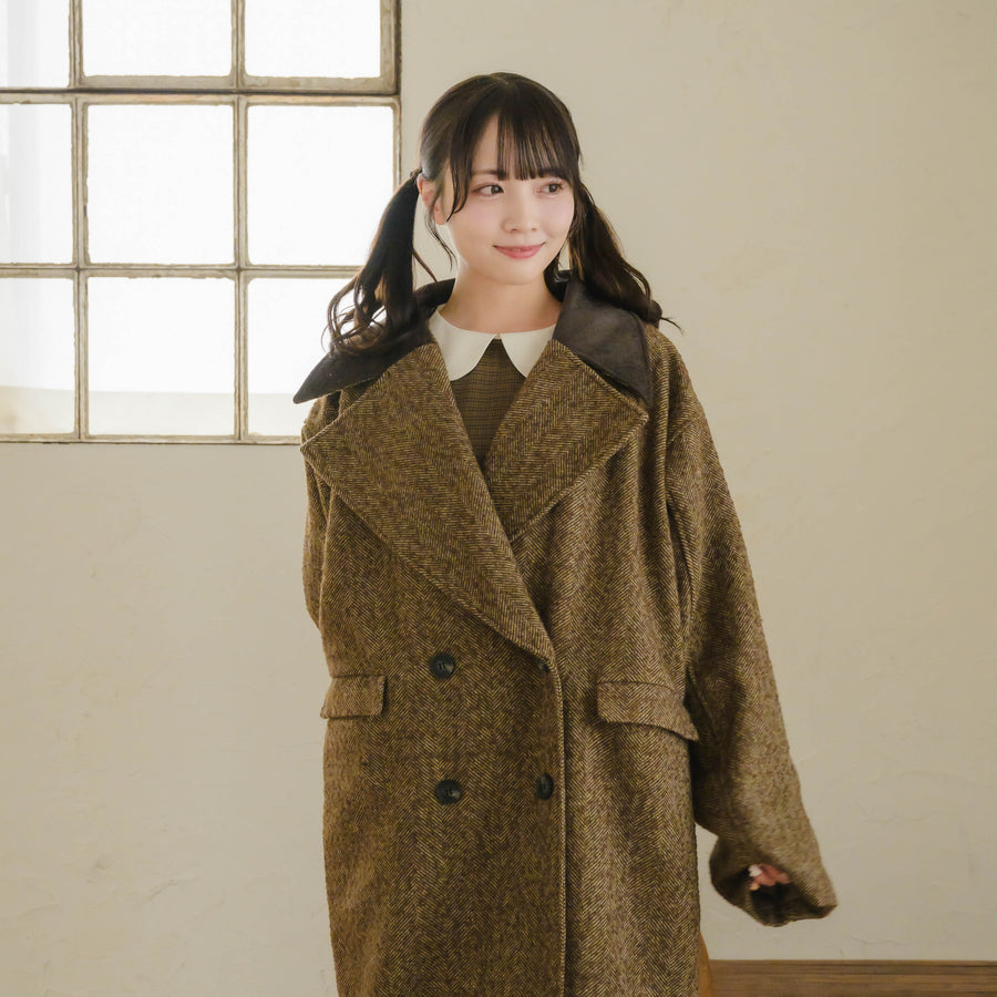 バイカラーヘリンボーンロングコート